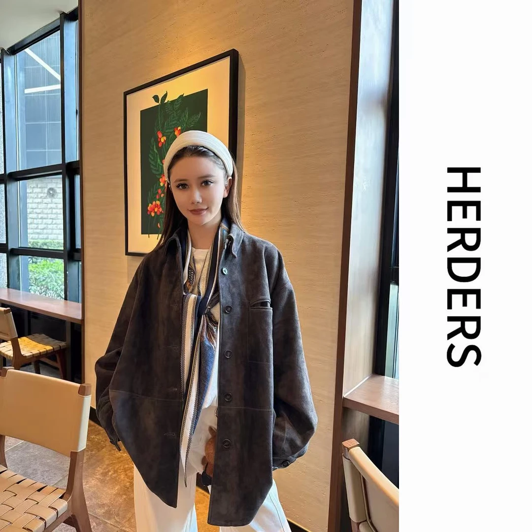 HERDERS“高奢反绒系列”中长款小翻领女装反绒皮外套 52057