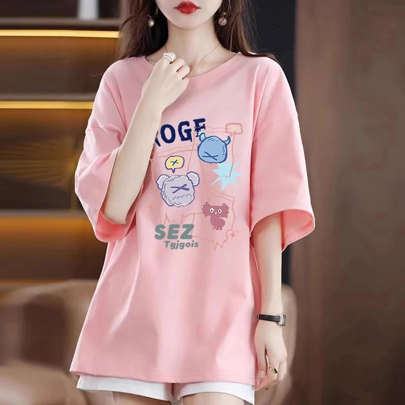 100%纯棉重磅短袖T恤女2025夏季大码女装宽松200斤显瘦中长款上衣