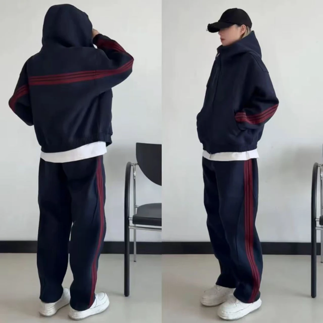 秋季新款美式复古重磅休闲套装男士痞帅三条杠连帽卫衣外套两件套