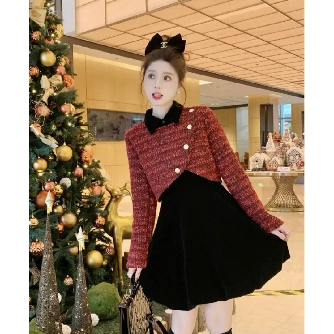 大码小香风粗花呢外套连衣裙女秋冬小洋装新年圣诞韩式花苞裙套装