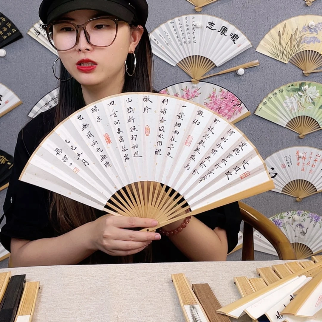 国画8寸玉竹-纯手绘-文玩扇骨（默认粘好）