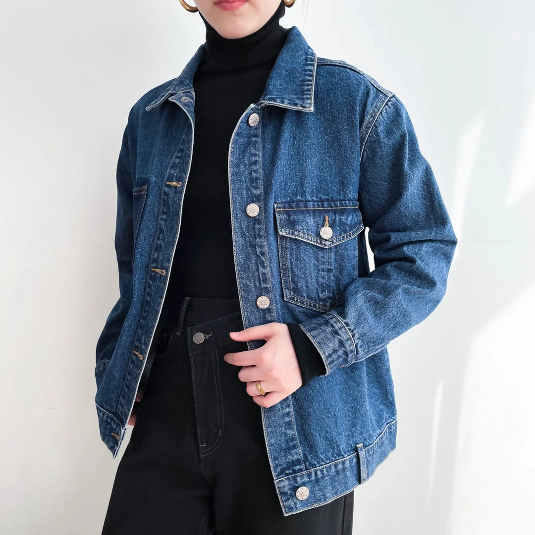 zhang&bai女式蓝色翻领休闲牛仔外套 百搭宽松