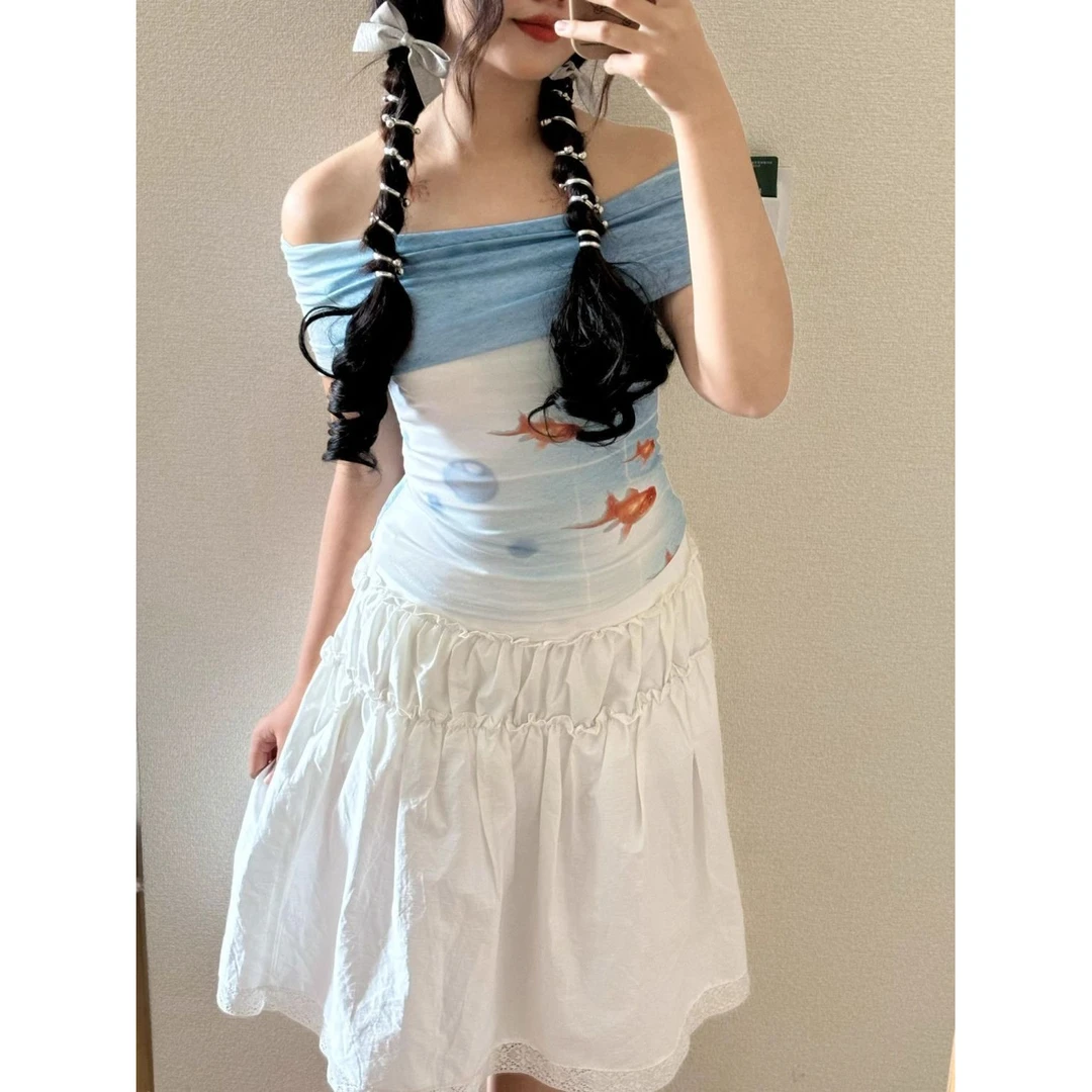 汽水小鱼上衣大金鱼印花网纱T恤女夏季新款设计高级时髦百搭小众