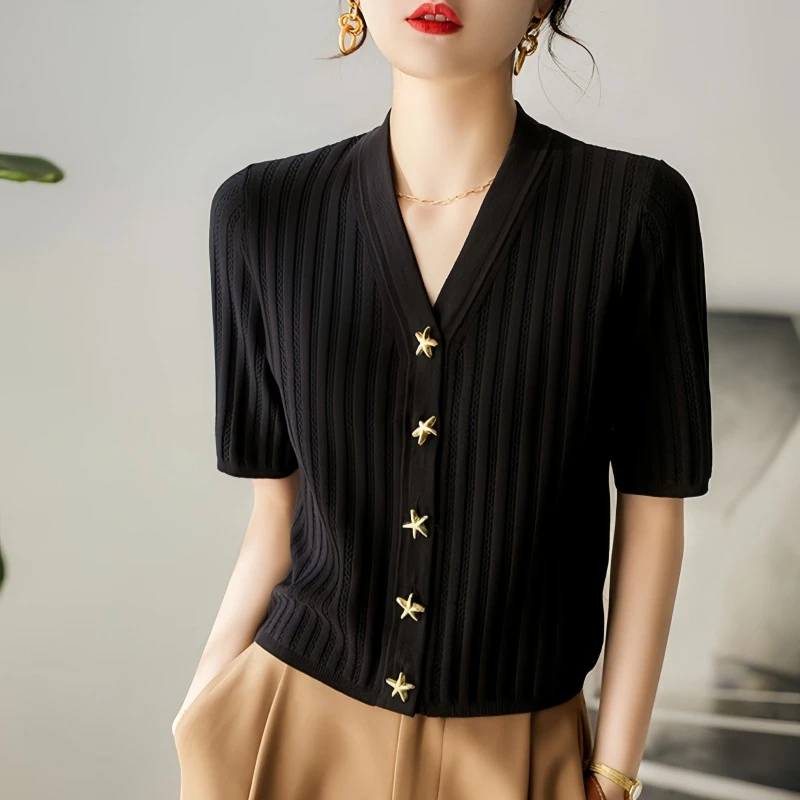 夏季2024新款纯色冰丝针织开衫短袖女设计感气质恤薄款上衣法式