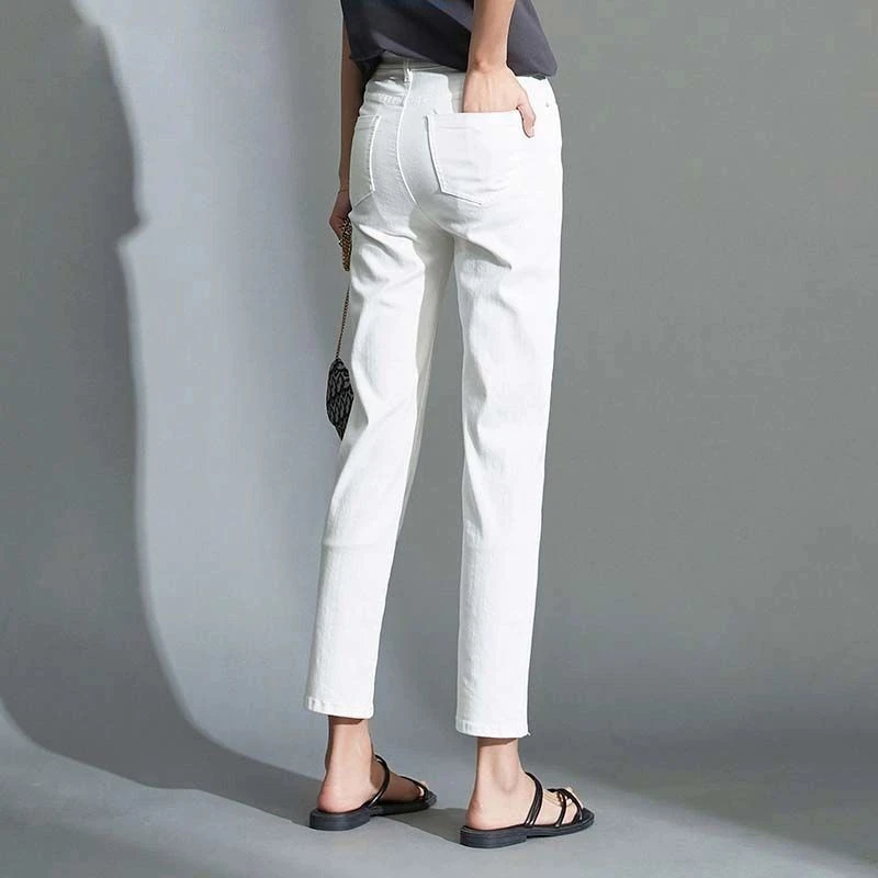 韩版白色直筒牛仔裤女2025年新款宽松显瘦小个子高腰九分烟管裤子