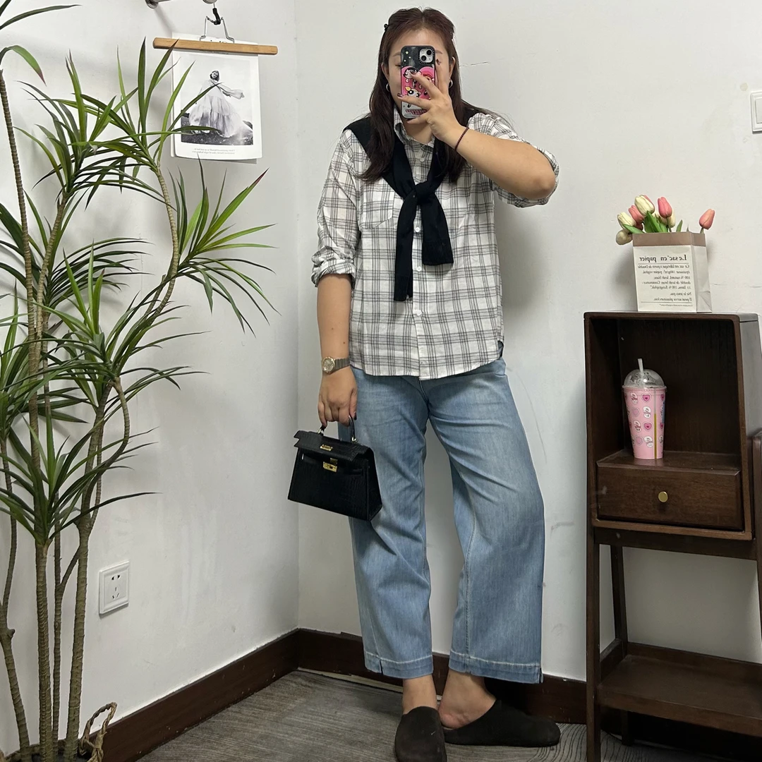韩系慵懒风复古宽松披肩格子衬衫叠穿百搭大码微胖