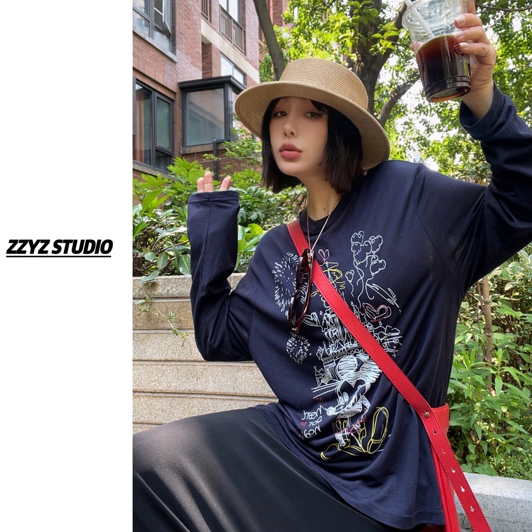 【ZZYZ】“魔法乐园”时尚百搭圆领宽松休闲米奇卡通印花长袖T恤