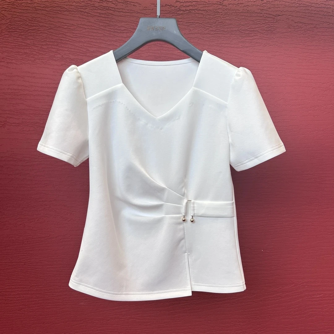 【Q菱形V领T】25年夏季V领设计感时尚收腰半袖显瘦短袖T恤气质白色