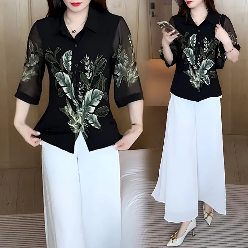 高级感气质两件套装女装2025夏季新款衬衫遮肚子显瘦上衣阔腿裤子