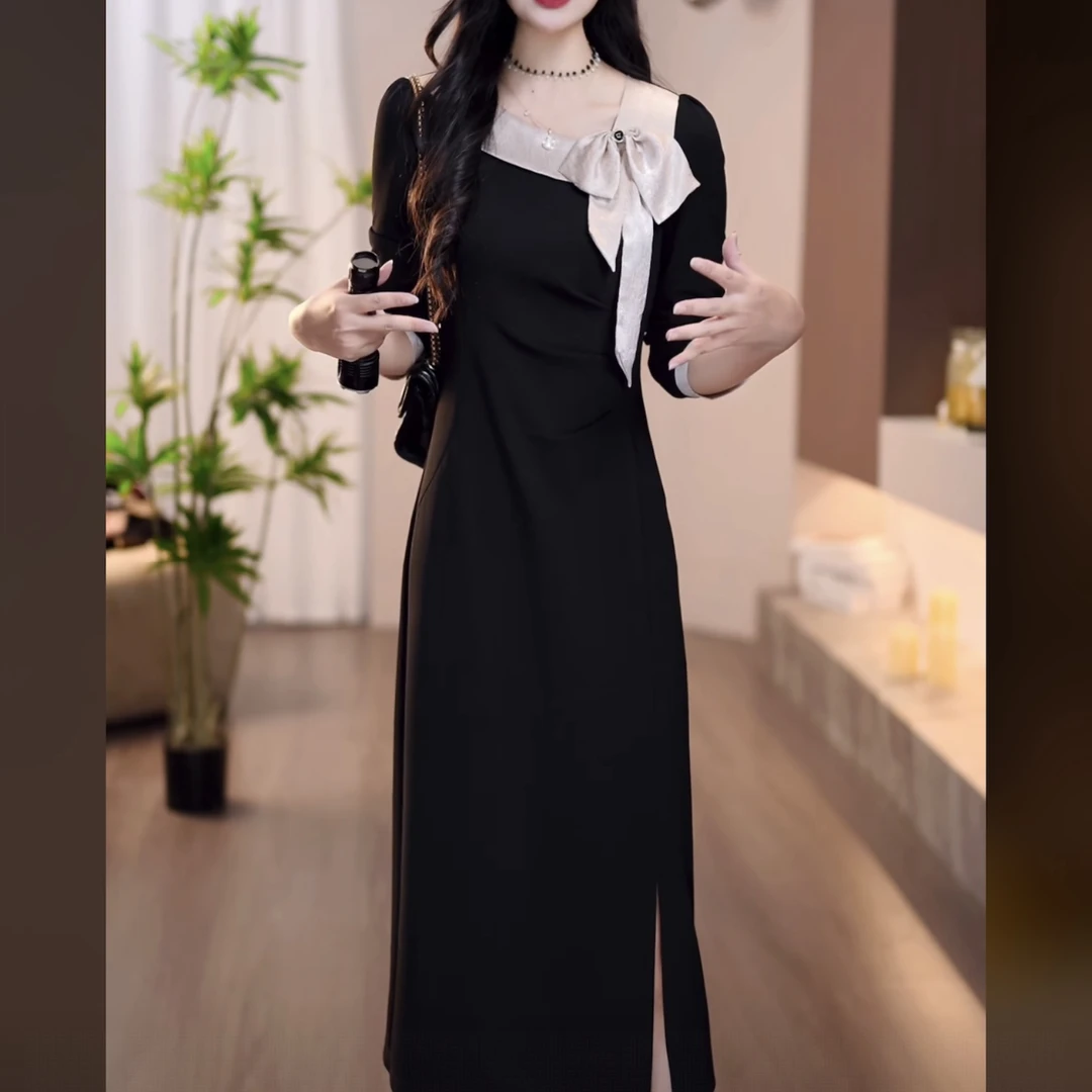 【连衣裙】2025秋季新款圆领蝴蝶结洋气设计感优雅时尚气质连衣裙