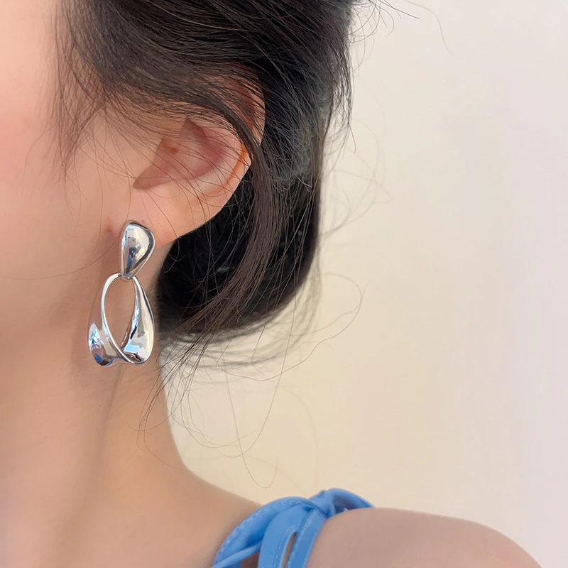 合金莫桑石耳饰 冷淡风简约银色水滴耳饰小众百搭素圈蚊香盘耳夹