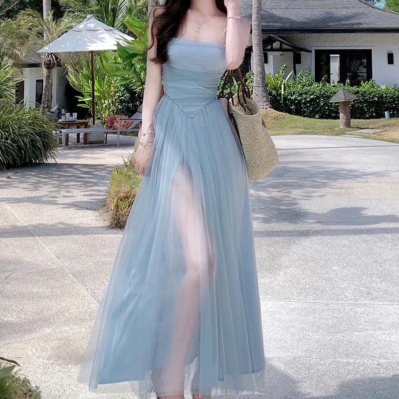 美神降临  高级感蓝色蕾丝裙女性感连衣裙长裙