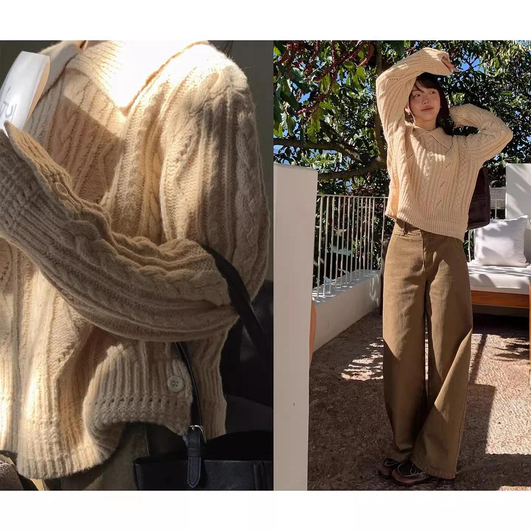 一三良品小个子 韩系复古杏色温柔麻花纯色翻领毛衣针织套T5C25