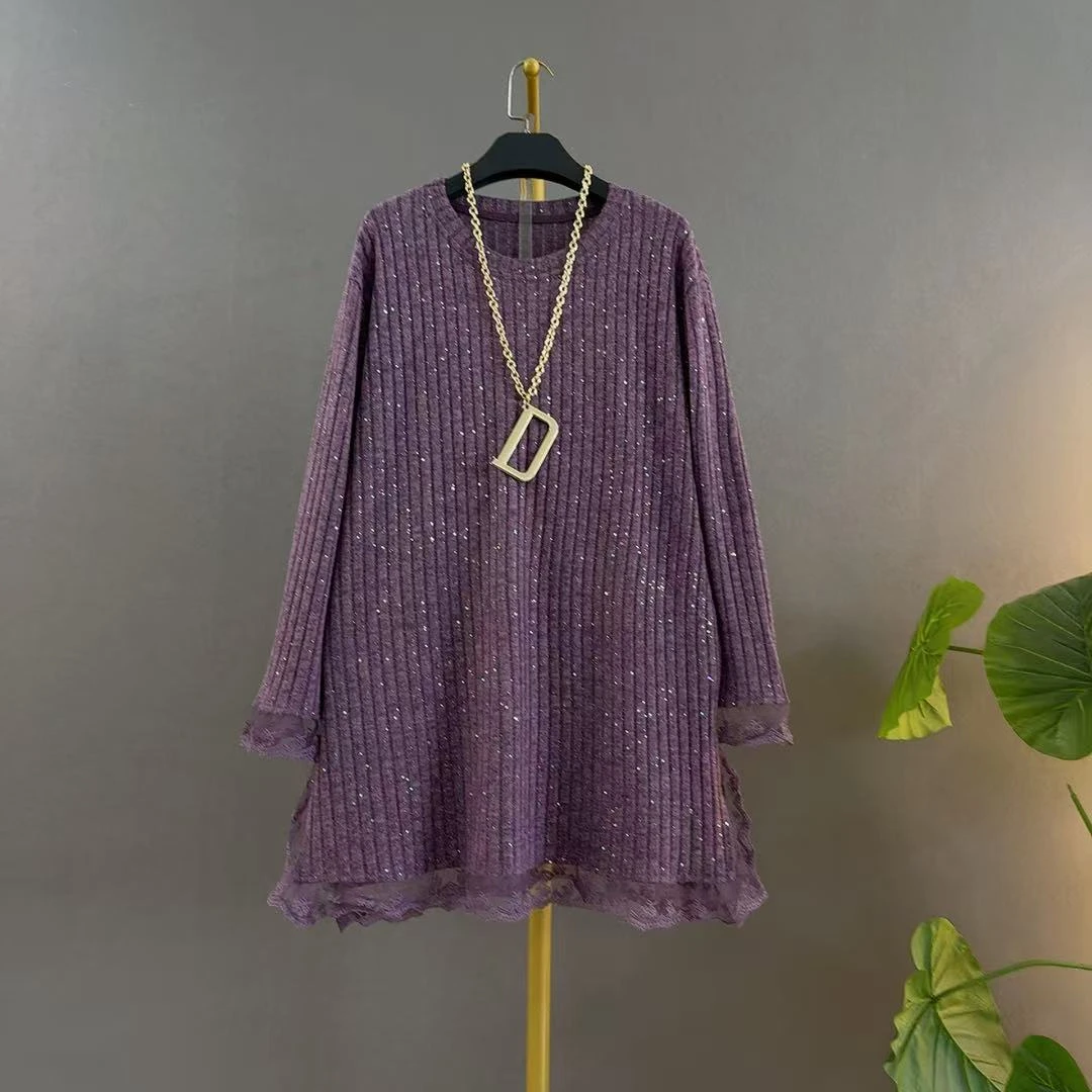 长款圆领长袖休闲风拼接蕾丝T恤提花网红休闲简约大码遮肉针织衫