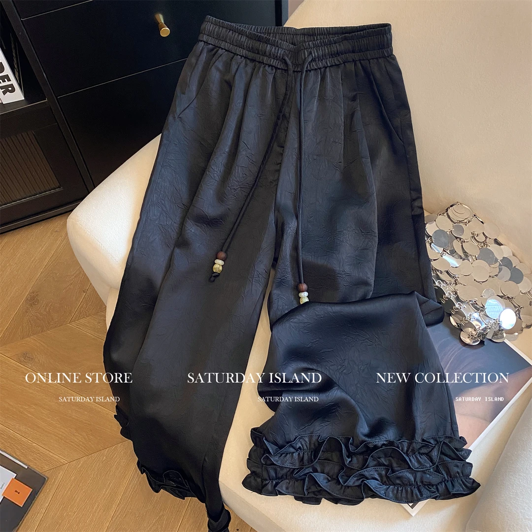 胖妹妹240斤大码新中式裤脚拼接木耳边花纹抽绳阔腿裤女夏季长裤