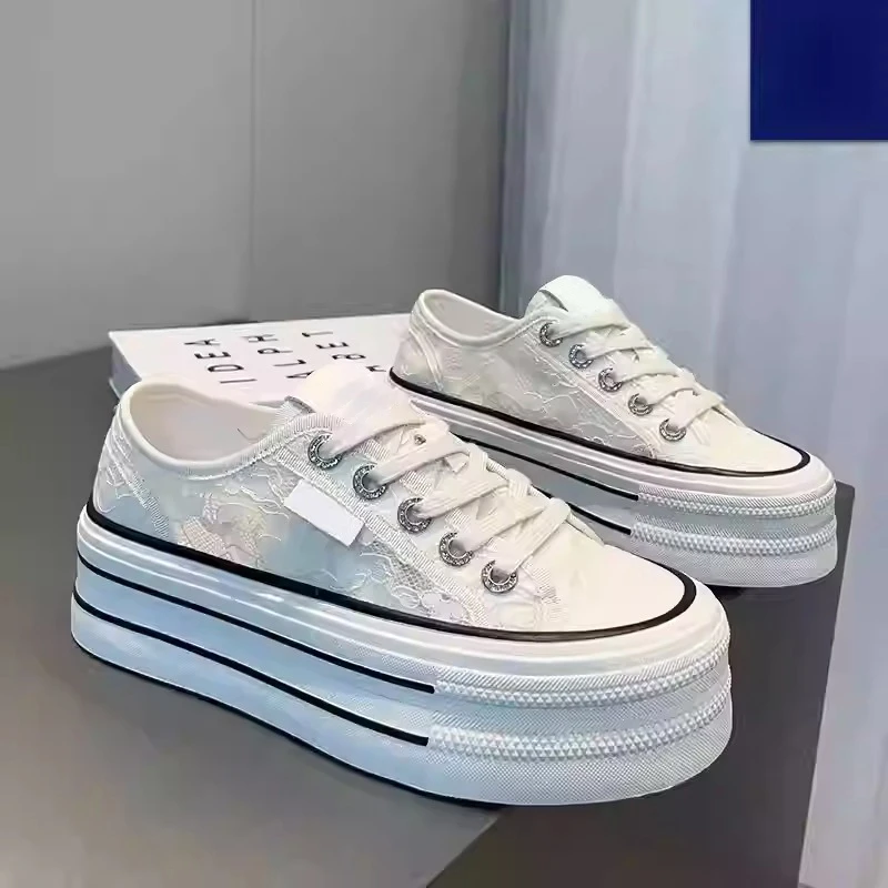 厚底松糕小白鞋女2025夏新款设计感蕾丝网面透气百搭休闲运动板鞋