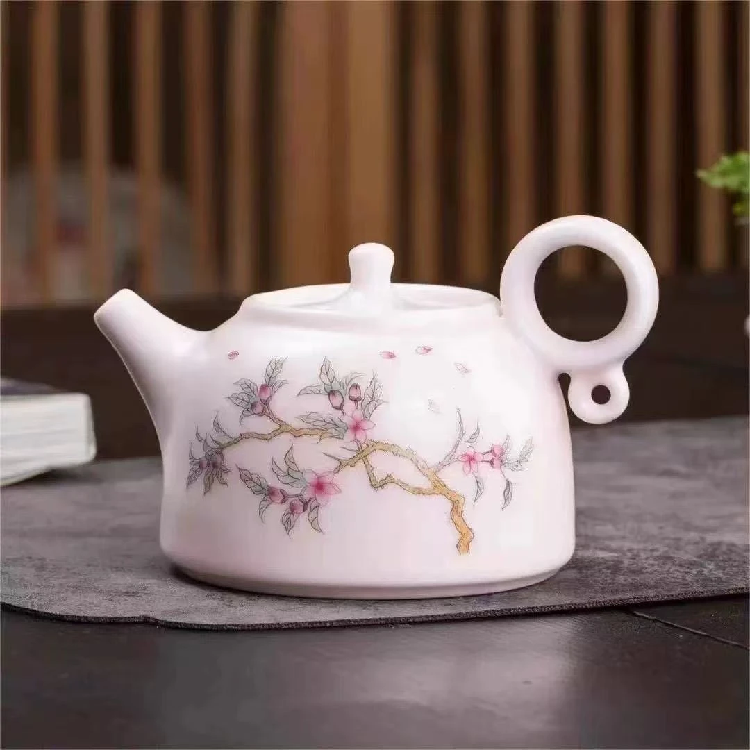 E648粉色汝窑桃花壶家用高档泡茶壶简约陶瓷开片可养中式茶壶