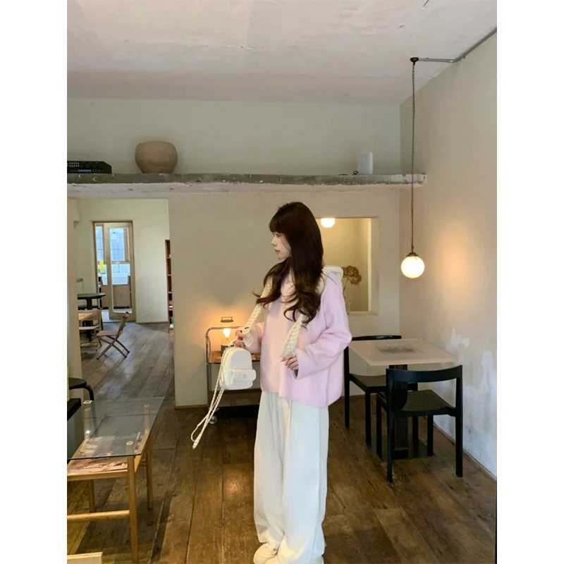 2025早秋新款慵懒风软糯舒适粉色针织毛衣显瘦白色直筒宽松拖地裤