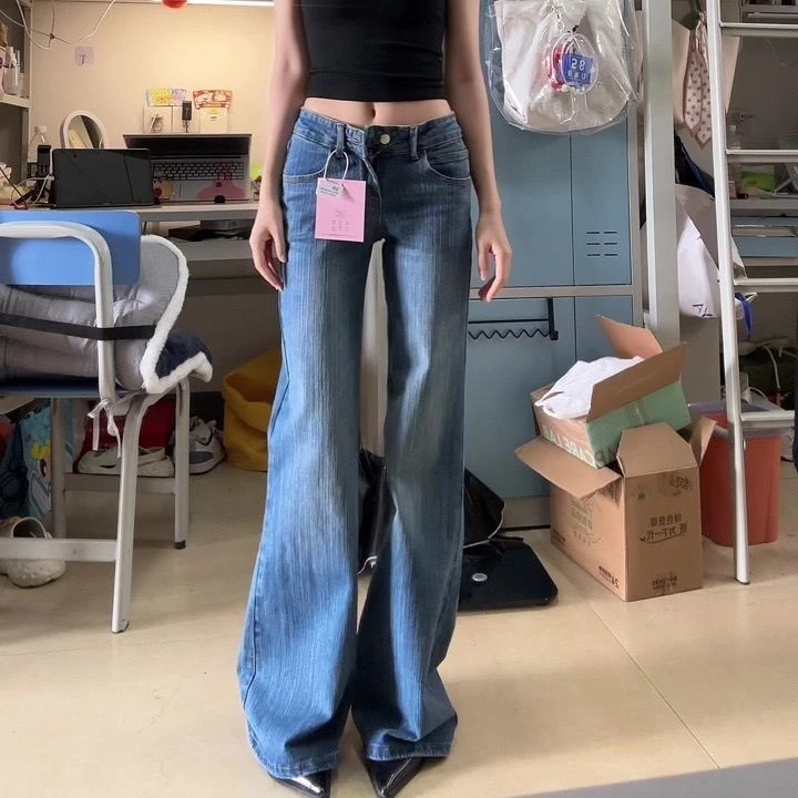 美式小个子微喇145牛仔裤低腰夏季辣妹竹节宽松显瘦百搭垂感长裤