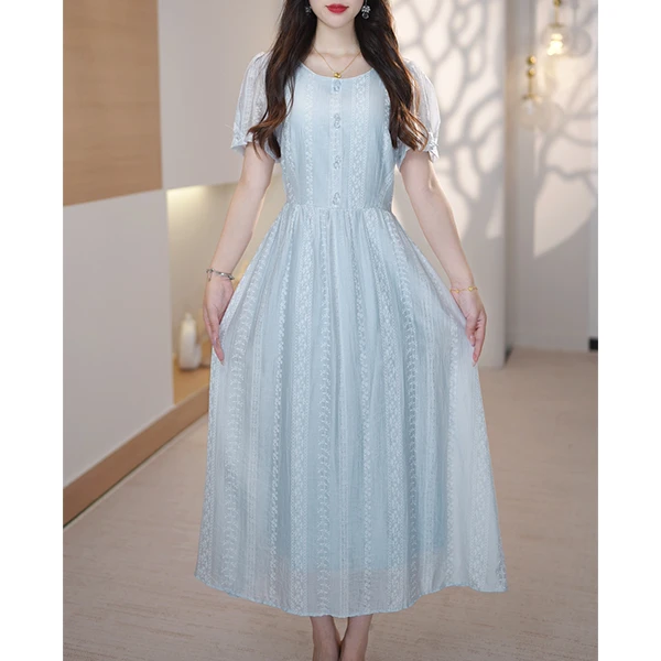 L5361夏季2025新款温柔气质甜美圆领连衣裙女显瘦中长款时尚裙子