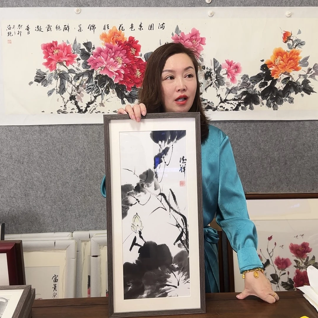 国画荷花 28*58 实木框裱 孤品 纯手绘 年底福利 宣纸