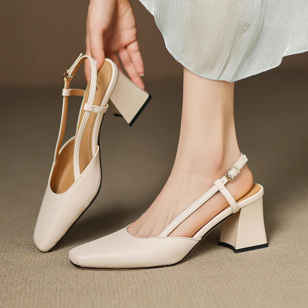 【跟高6cm】百搭斜头舒适包头高跟鞋女粗跟凉鞋女方头柔软新款女鞋