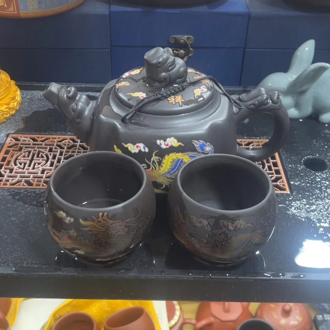 紫砂茶杯紫砂壶一壶4杯2龙2凤