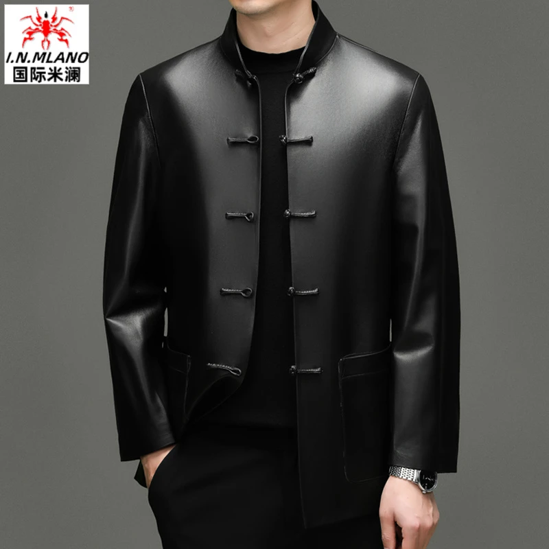 绵羊皮唐装真皮皮衣男中年皮夹克盘扣外套男春秋薄款中国风中山装