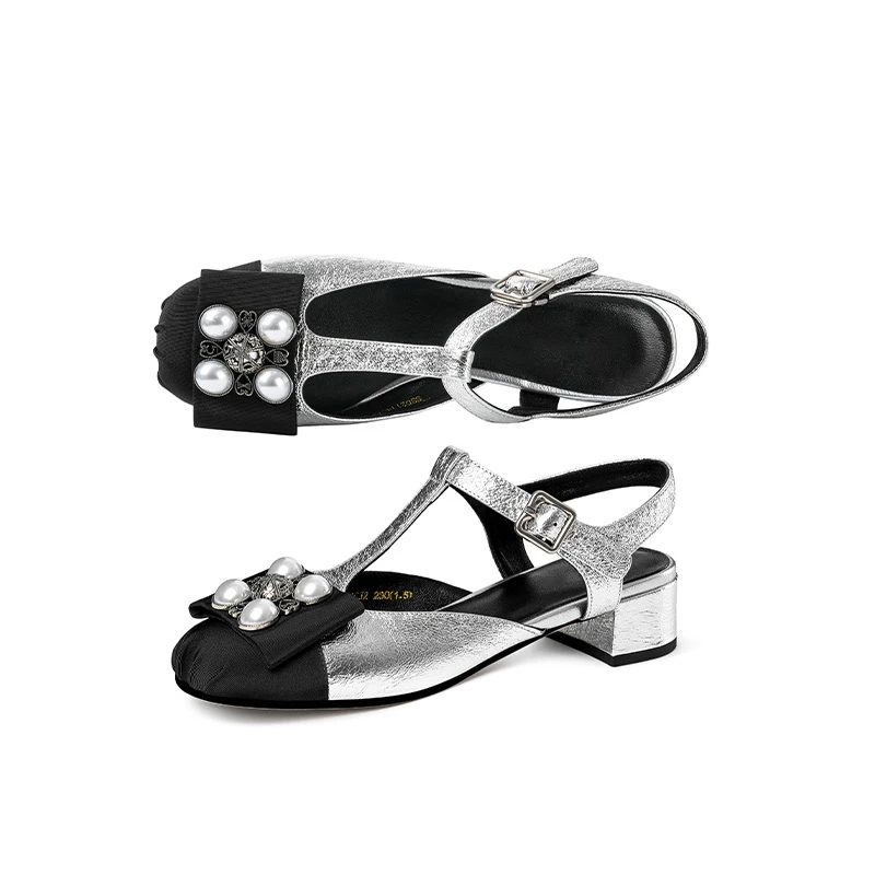 休闲金属时尚时装凉鞋包头中跟圆头百搭粗跟少女风夏季银色女鞋