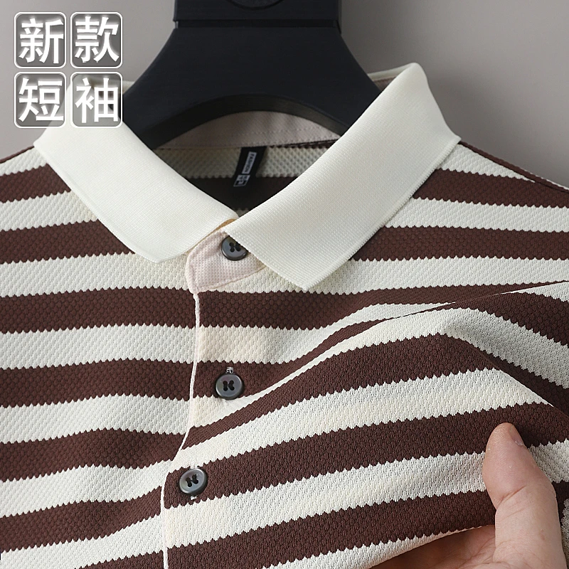 新款男装条纹短袖t恤男夏季休闲翻领高级半袖恤男士T恤polo衫潮