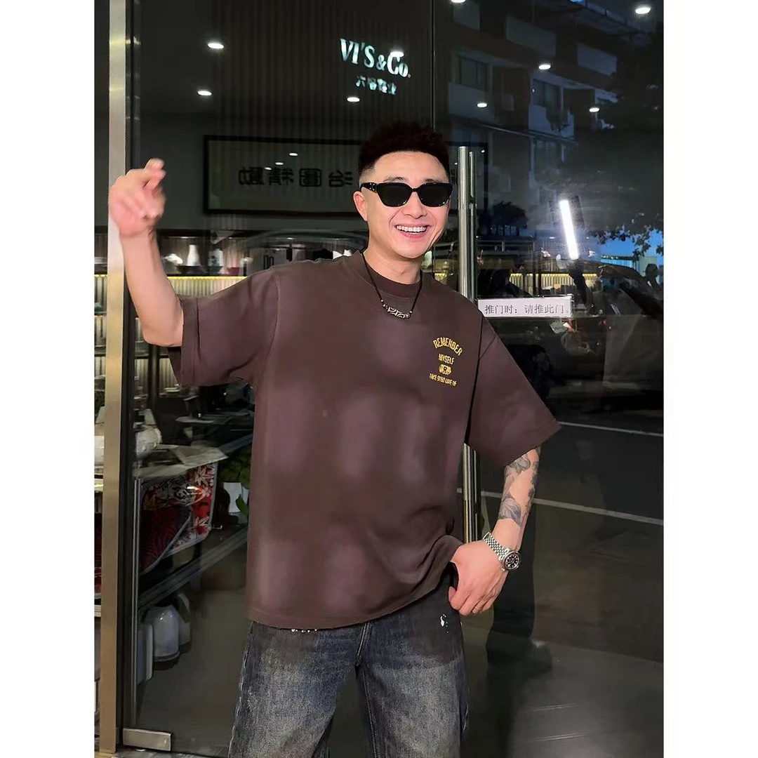 【语乐】YL-2552重工水洗扎染字母短袖T恤春季休闲宽松全棉圆领半袖