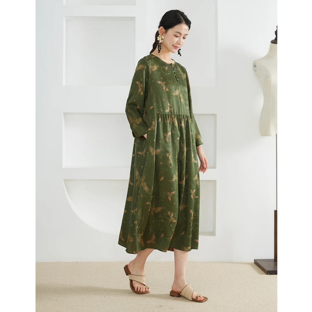 国风提花香云纱100%桑蚕丝红云纱花萝真丝长袖连衣裙长裙LQ52014