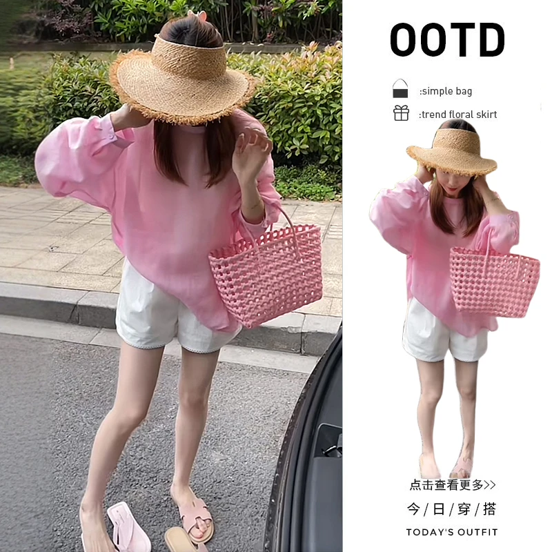 初夏穿搭一整套2025新款韩版粉色薄款防晒衬衫百搭蕾丝短裤两件套