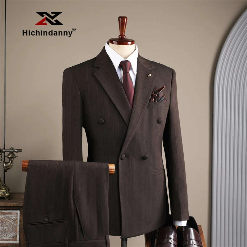 HICHIN男士礼服西装套装复古条纹高级感双排扣商务休闲西服三件套