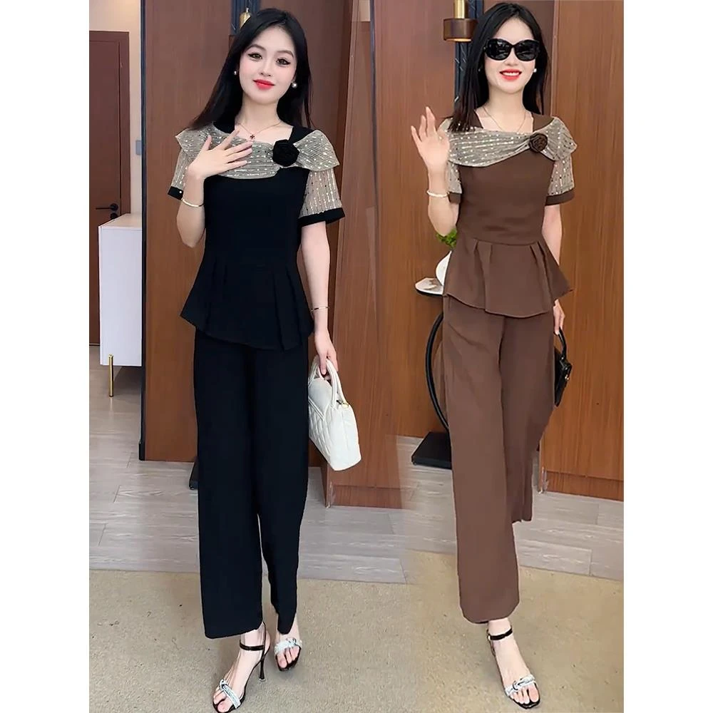 时尚套装女夏季新款洋气显瘦收腰蕾丝拼接荷花边短袖阔腿裤两件套