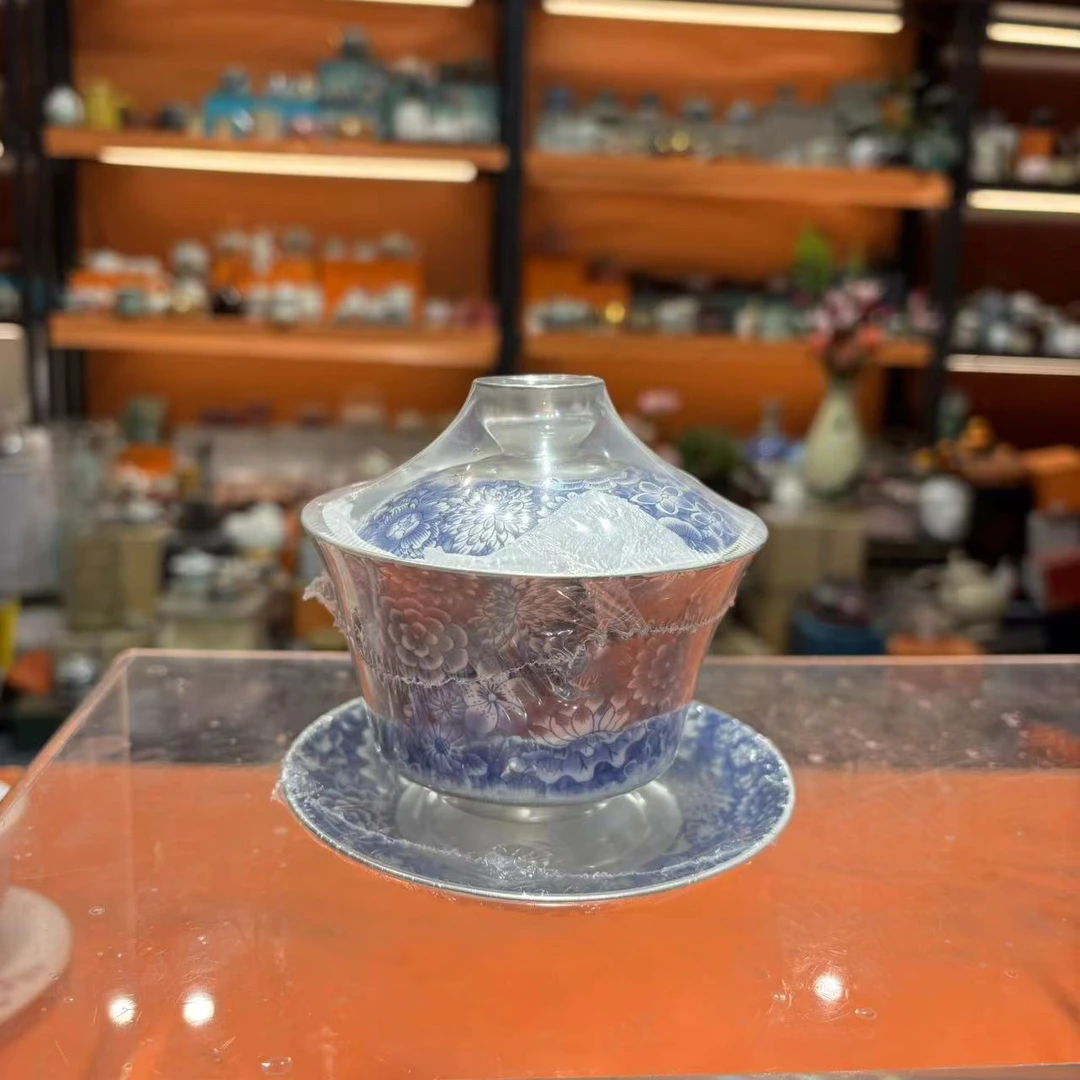 友名陶瓷 青花万花瓷胎包银三才盖碗-4860