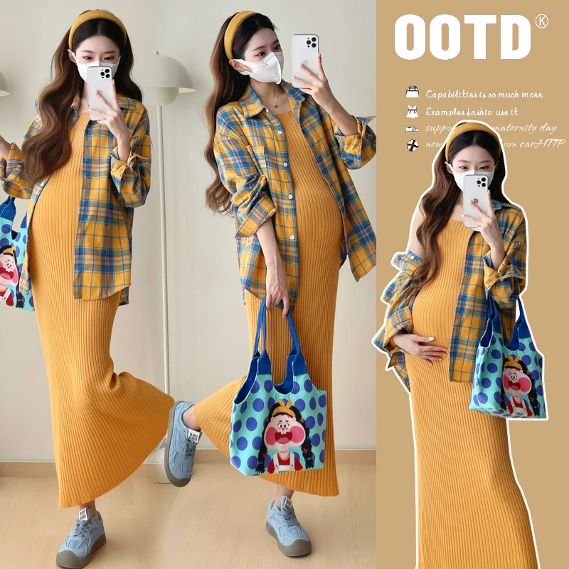 孕妇装新款2025春季气质背心连衣裙+长袖格子开衫两件套套装