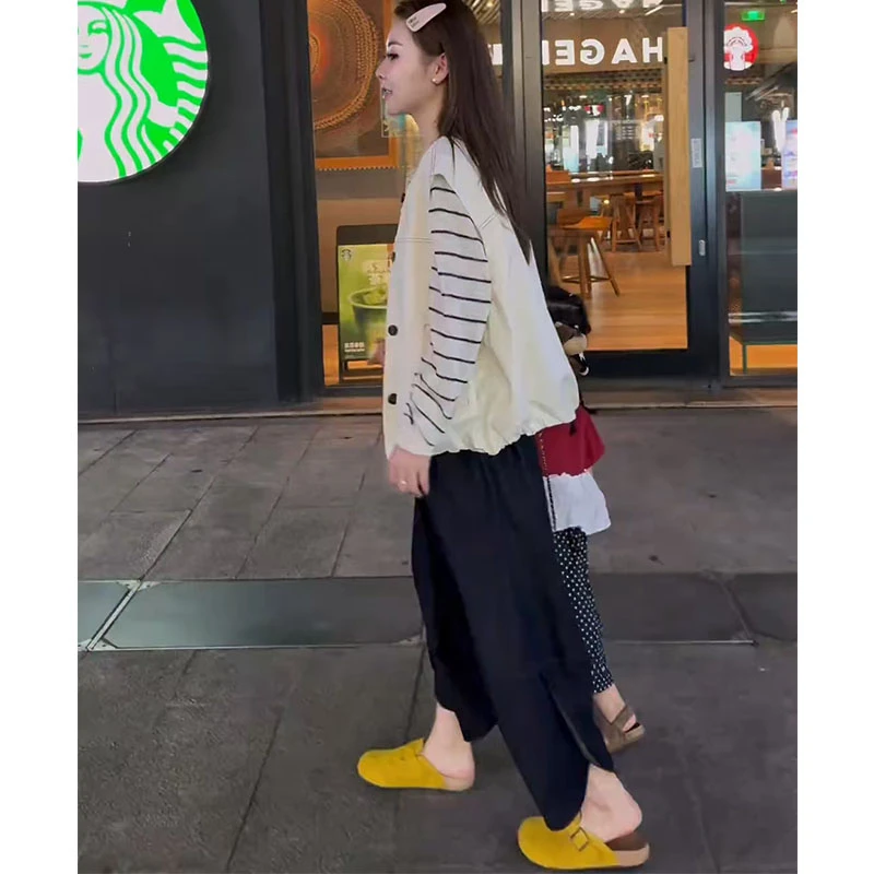 今年流行穿搭一整套女新款2025早秋条纹上衣马甲宽松裤子三件套