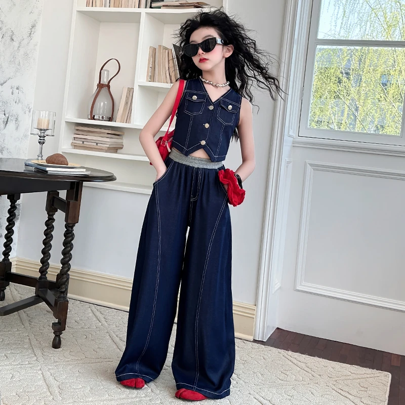 女童牛仔马甲套装2025新款儿童洋气休闲中大童女孩上衣阔腿裤套装