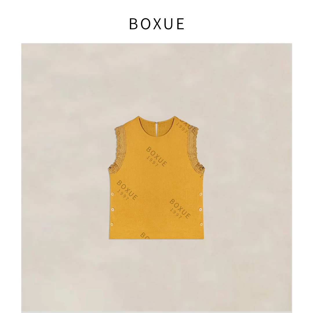 BOXUE”南乔”2025夏季新款高级感100苎麻蕾丝轻奢 T恤#250619T2974