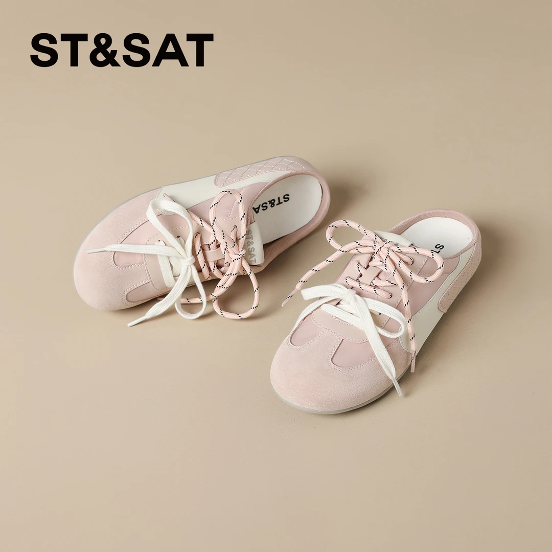 星期六粉色包头半拖鞋女款秋季2025新款一脚蹬软底休闲舒适德训鞋