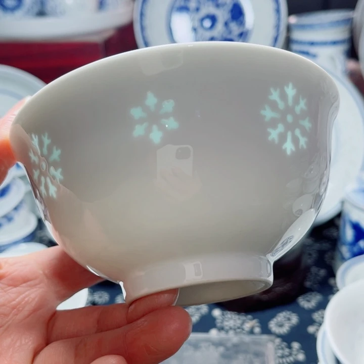 青花玲珑5寸饭碗雪花雕刻
