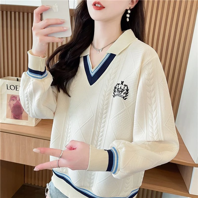 学院风翻领polo衫薄款卫衣女春秋新款韩版宽松减龄撞色刺绣上衣潮