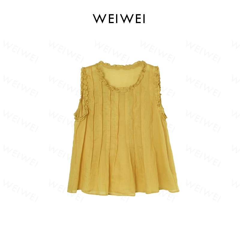 夏季圆领压褶宽松百搭无袖别致上衣女  3095