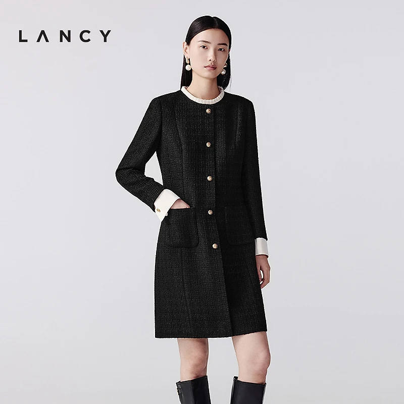 LANCY/朗姿2025冬新款羊毛小香风粗花呢连衣裙圆领拼接中长款裙子