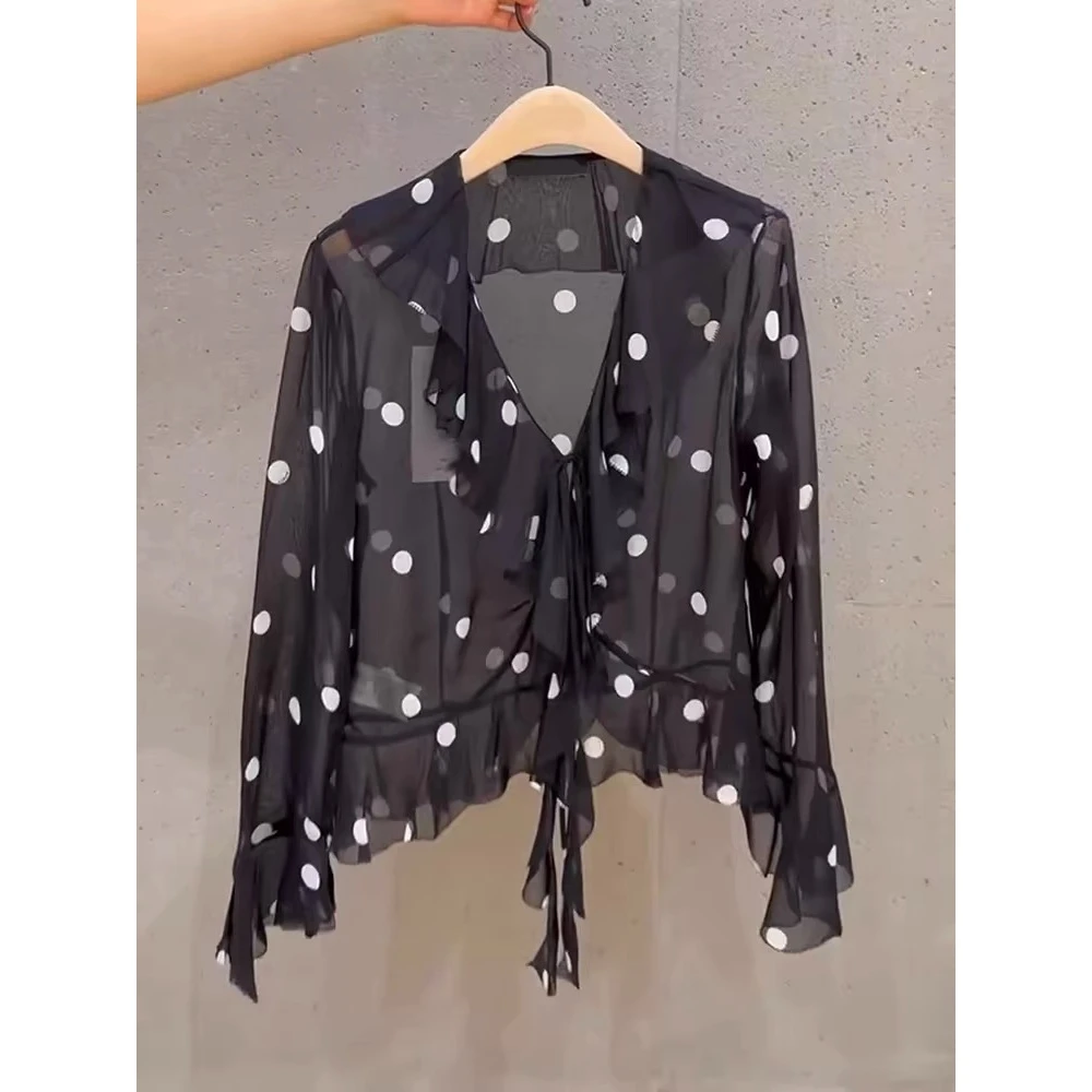 巨好看！上身绝美！法式黑色波点宽松上衣女夏季设计感微透防晒衬衫