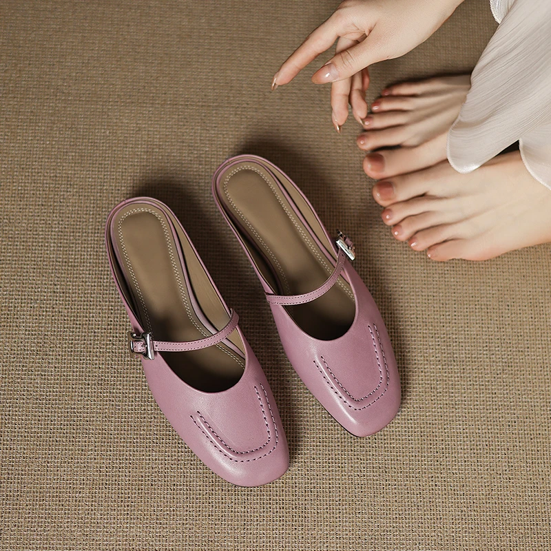 配裙子包头半拖鞋女夏外穿2025新款高级感粗跟粉色真皮玛丽珍凉鞋