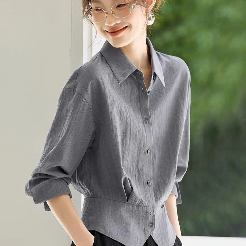 法式气质女士衬衫上衣2025秋季新款通勤小衫收腰遮肚子显瘦衬衣