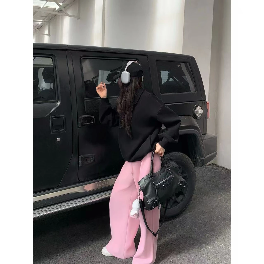 美式慵懒风设计感甜美少女风加绒款阔腿显瘦卫裤女秋冬上新百搭