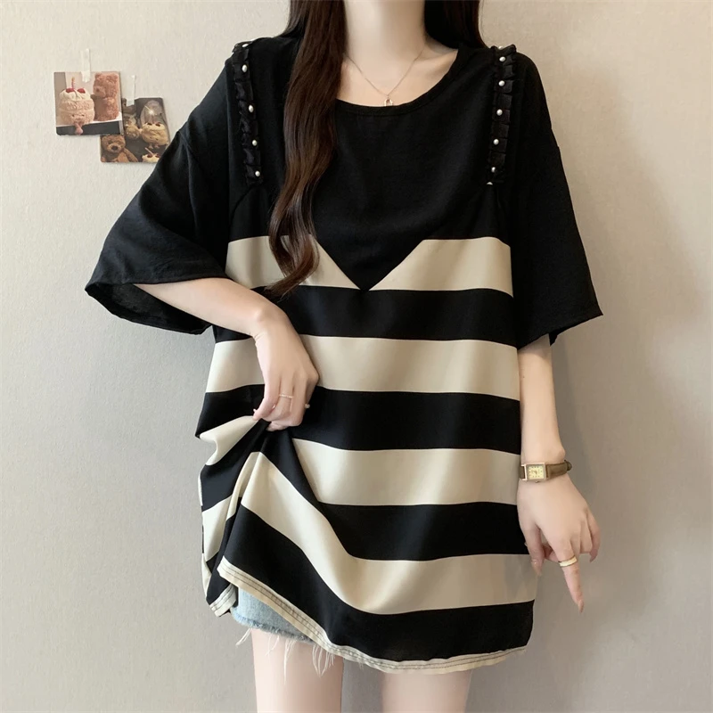胖MM圆领假两件拼接条纹短袖T恤女夏季新款体恤大码遮肉显瘦上衣
